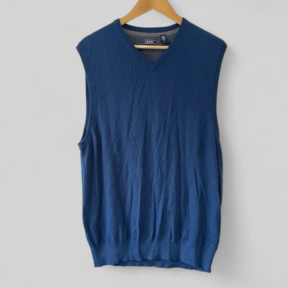 IZOD Mens Sweater Vest Size Large Blue Cotton Wool Fieldhouse Lightweight
